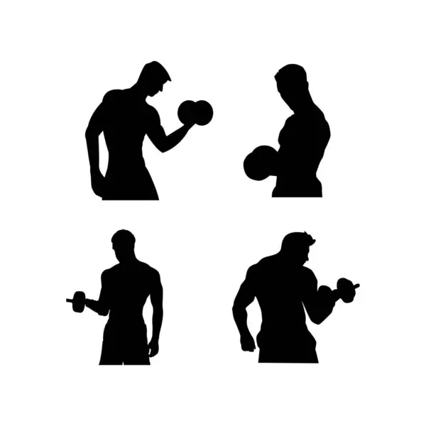 Vücut geliştirme silueti çizimi. Dambıl taşıyıcısı olan adam. Erkek vücut geliştirici siyah doldurulmuş simge seti