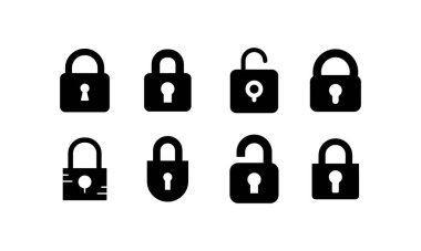 Tam Siyah Kilit Simge Vektör İllüstrasyonu Koleksiyonu.
