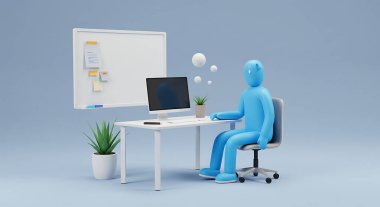Bilgisayarda mavi 3D karakterli modern minimalist çalışma alanı