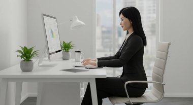 Modern masa başında bilgisayar ve çizelgelerle çalışan bir iş kadını.