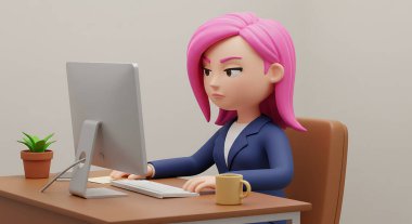 Bilgisayarda çalışan odaklı bir iş kadınının 3D görüntüsü