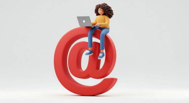 Kırmızı üzerine dizüstü bilgisayar kullanan bir kadının 3D görüntüsü beyaz arkaplanda izole edilmiş.