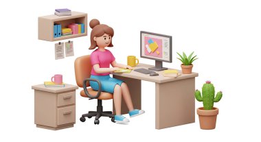 Masasında çalışan bir kadının üç boyutlu görüntüsü beyaz arka planda izole edilmiş.