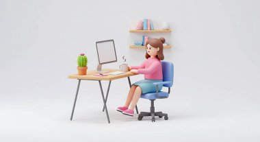 Masada çalışan üç boyutlu kadın resmi. Beyaz arka planda izole edilmiş kahve kaktüsü.