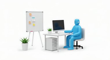 Masada çalışan ve beyaz zemin üzerinde izole edilmiş beyaz tahtası olan mavi bir figürün 3d görüntüsü