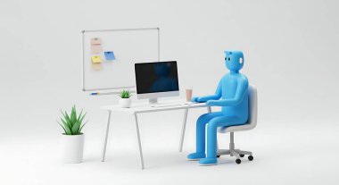 Masasında çalışan mavi çizgi film karakteri beyaz arkaplanda izole edilmiş bilgisayar ve beyaz tahta ile