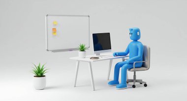 Masada beyaz zemin üzerinde izole edilmiş beyaz tahtayla çalışan 3D çizim karakteri