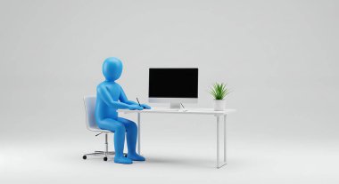 Beyaz arka planda bilgisayar izole edilmiş beyaz bir masada çalışan mavi 3D figürü