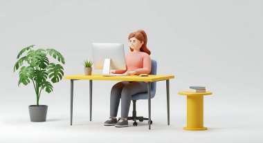 Masada çalışan, beyaz arka planda bilgisayarla izole edilmiş 3D kadın görüntüsü