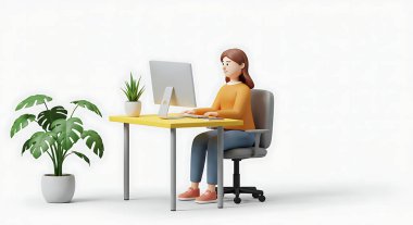 Masa başında çalışan 3D kadın resmi beyaz arka planda izole edilmiş.