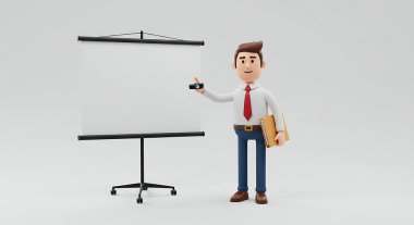 3D karikatür işadamı beyaz arka planda beyaz tahtada sunum yapıyor.
