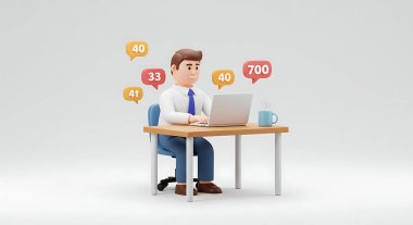 3D karikatür işadamı dizüstü bilgisayarda çalışıyor. Bildirimler beyaz arkaplanda izole edilmiş.
