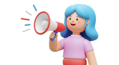 3D karikatür kızı beyaz arka planda megafonla anons yapıyor.