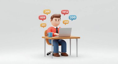 Diz üstü bilgisayarda çalışan 3D karikatürcü beyaz arka planda izole edilmiş uyarı baloncuklarıyla