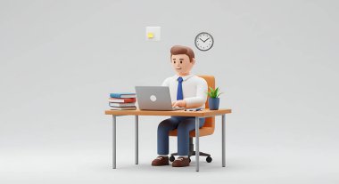 Masasında çalışan bir iş adamının üç boyutlu resmi beyaz arka planda izole edilmiş.