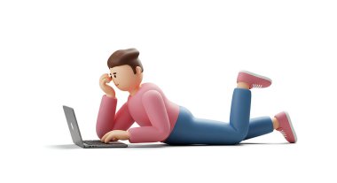 3D karikatürcü dizüstü bilgisayarla beyaz arka planda yatıyor.