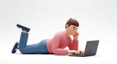 Dizüstü bilgisayarda çalışan 3D karikatürcü beyaz arka planda tek başına yatıyor.