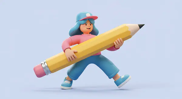 Kocaman sarı bir kalem taşıyan mutlu çizgi film kızı.