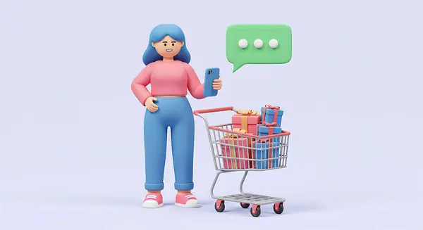 Mutlu 3D karikatür kadın çevrimiçi alışveriş arabasında hediyelerle