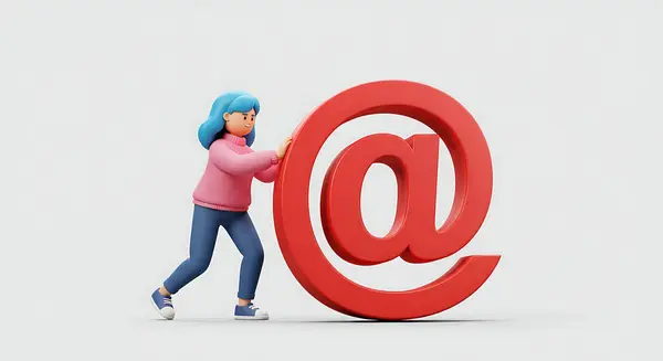 Beyaz arkaplanda izole edilmiş büyük kırmızı bir sembolü iten bir karikatür kadının 3D görüntüsü