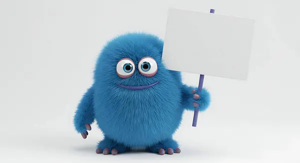 Beyaz arkaplanda boş tabela tutan sevimli mavi tüylü canavar.