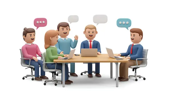 Çizgi film işadamlarından oluşan bir ekip beyaz arka planda dizüstü bilgisayarlarla masanın etrafında toplanıyor.