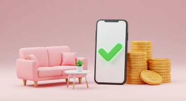 3D online ödeme onayı, altın sikkeler ve pembe kanepe.