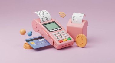 Çevrimiçi ödeme makbuzu ve kredi kartıyla Pembe Po terminalinin 3D çizimi