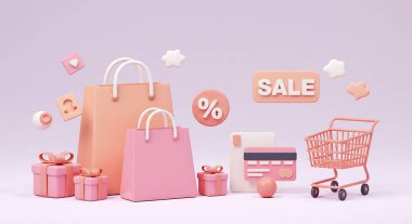 Pembe alışveriş çantaları hediyeler ve satış promosyonu 3D.