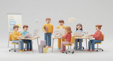 Modern ofisteki projede işbirliği yapan üç boyutlu çizgi film karakterleri.