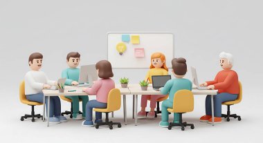 Çeşitli takım işbirliği toplantıları modern ofis 3D canlandırması