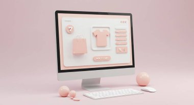 Masaüstü bilgisayar ekranında pastel pembe temalı çevrimiçi alışveriş arayüzü 3d görüntüleme