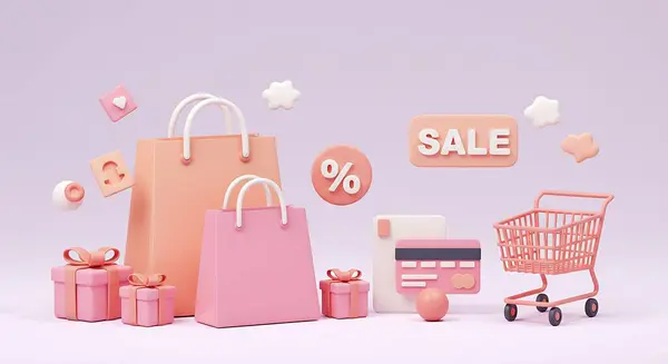 Pembe alışveriş çantaları hediyeler ve satış promosyonu 3D.
