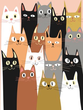 Kedi posteri. Çeşitli doğal renklerde çizgi film kedi karakterleri. Basit bir şekilde düz renk tasarımı. Şirin tekerrür eden karalama tarzı kediler elleriyle çizilmiş..