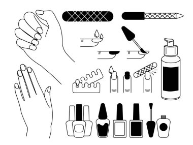 Manikür, eller, oje çubukları için güzellik kozmetik minimalist düz çizgi çizgi çizgi çizgi çizgi ikon sembolleri koleksiyonu