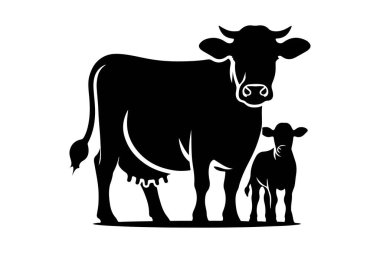 İnek ve buzağı ikonu. ağ için buzağı simgesi olan ineğin siyah çizimi