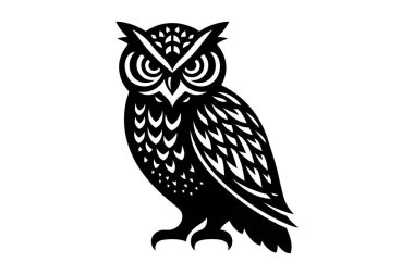 Baykuşun başı. beyaz arkaplanda izole edilmiş siyah ve beyaz çizimler.