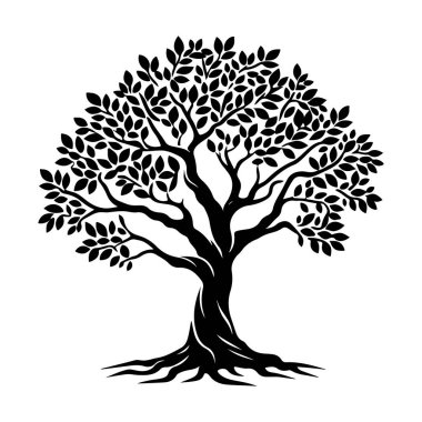 Beyaz arka planda yaprakları olan siyah ağaç silueti