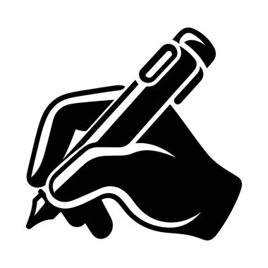 Kalem ve kalem ikonuyla el. siyah ve beyaz vektör grafik illüstrasyonu.