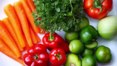 Beyaz arka planda taze renkli sebzeler. Renkli yemek doğal organik biyografi, yeşil, havuç, salata, biber, domates