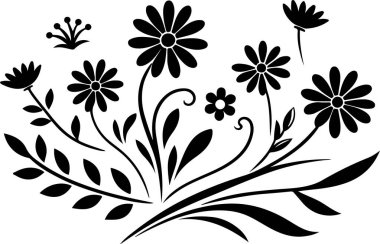 Yapraklı çiçek, siyah beyaz vektör illüstrasyonu