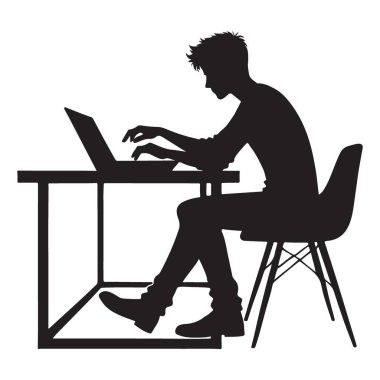 Dizüstü bilgisayarda çalışan sıradan giyimli genç bir iş adamı. vektör silueti