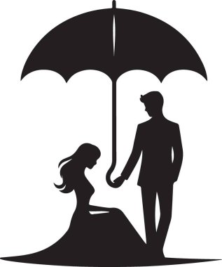 Klasik Şemsiye Çiziminin Altında Romantik Siluet Çifti