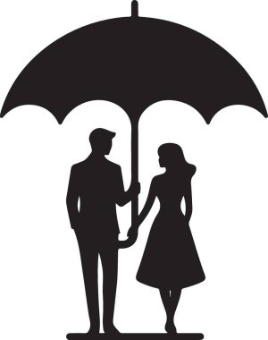 Klasik Şemsiye Çiziminin Altında Romantik Siluet Çifti