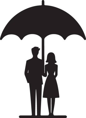 Klasik Şemsiye Çiziminin Altında Romantik Siluet Çifti