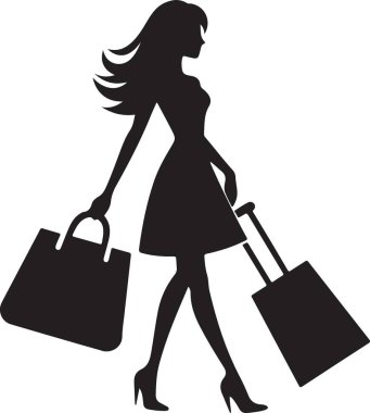 Alışveriş çantalı genç bir kadının silueti. vektör illüstrasyonu.