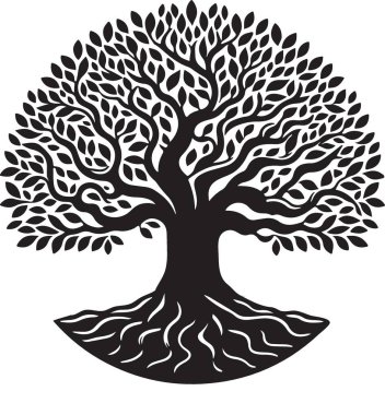 Bir ağacın silueti. Kökleri olan ağaç.