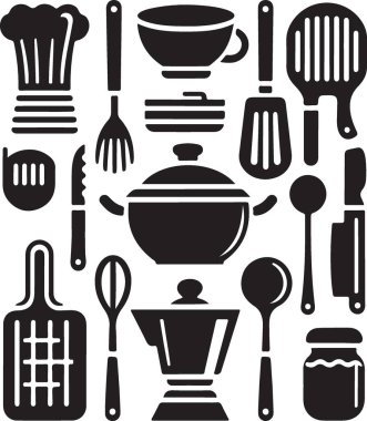 Temel Mutfak Utensil Siluet Simgeleri Yemek ve Pişirme İçin Ayarlandı