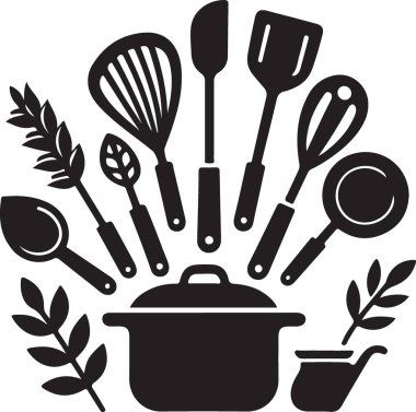 Temel Mutfak Utensil Siluet Simgeleri Yemek ve Pişirme İçin Ayarlandı