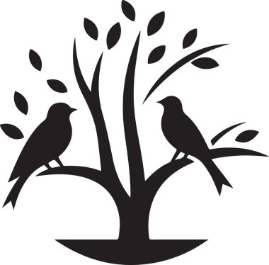 Basit bir ağaç resmine tünemiş zarif siyah siluet kuşları.